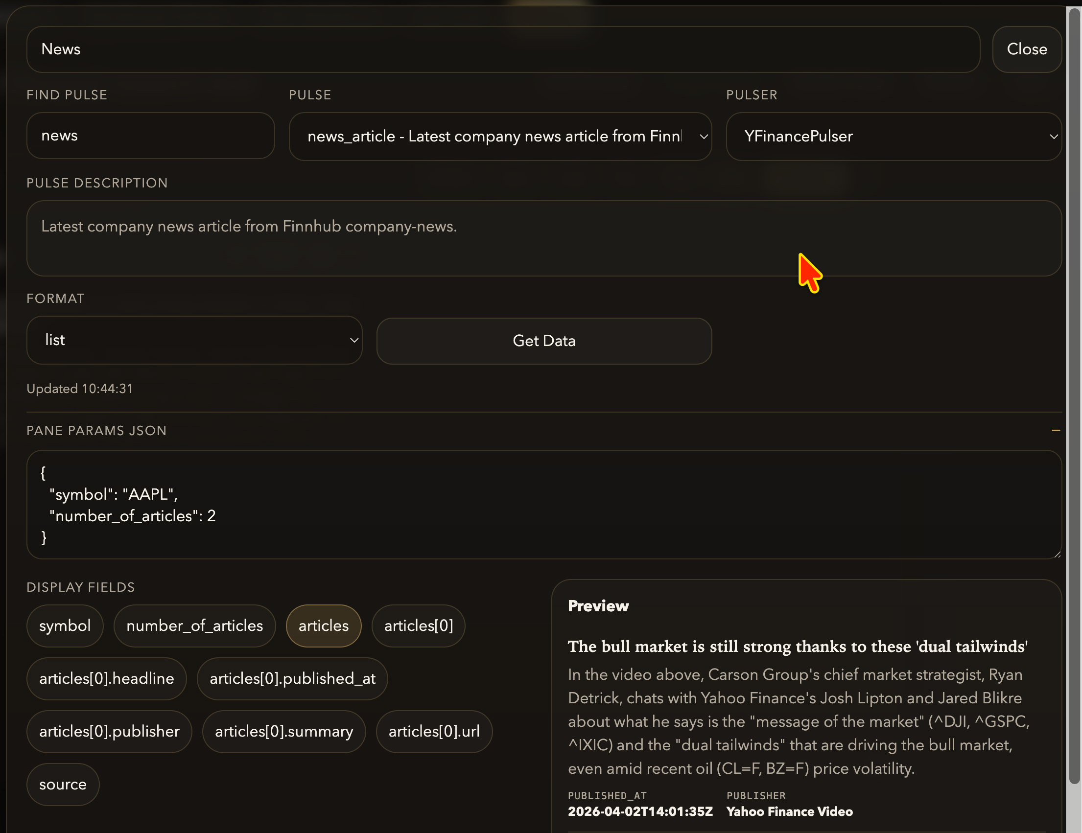 Attas Personal Agent pane configuration with pulse search, pulser selection, pane params, and preview output