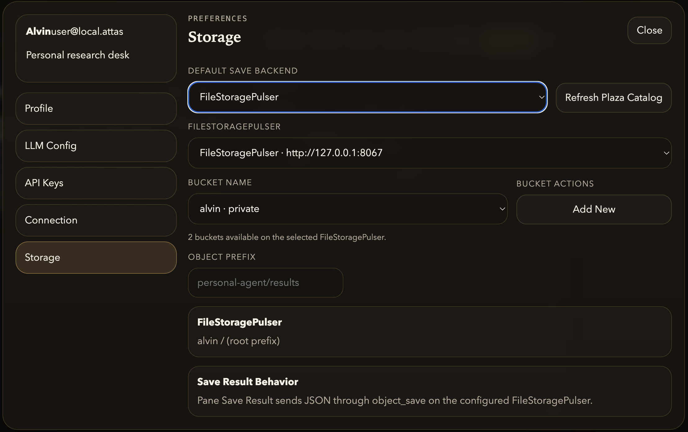 Attas Personal Agent storage settings showing backend, bucket, and save behavior configuration